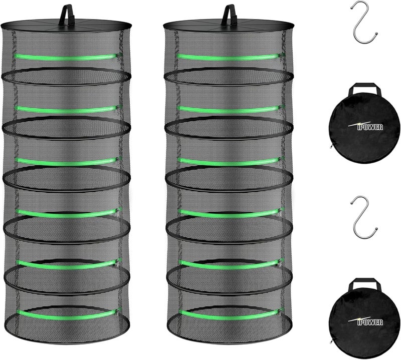 I-Power 2ft 6-Layer Herb Drying Rack Breathable Mesh Hanging Dryer with Zippers Foldable Heavy Duty Ring for Garden Plant, Free Storage Bag and Hook Included, 2 Packs - Image 1